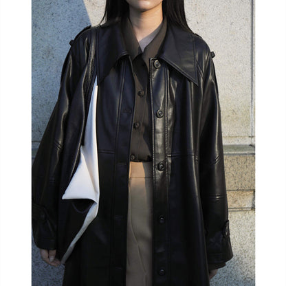 Women's Mid Length Green Leather Trench Coat