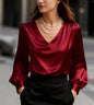 French-style Elegant And Sophisticated Satin Long-sleeve Blouse With Bubble Sleeves And A V-neck