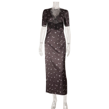 Women's Lace Patchwork V-Neck Puff Sleeve Hollowed-Out Waist Dress