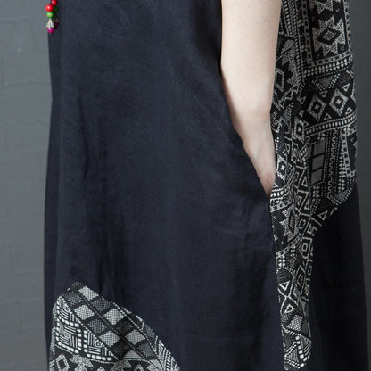 Patchwork Printed Cotton And Linen Crew-neck Short-sleeve Dress
