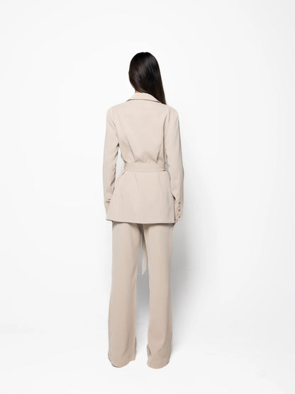 Elegant Solid Color Belted Blazer & High Waist Pants Set