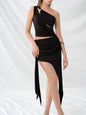 Oblique Shoulder Hollow Irregular Pleated Top Diagonal Strap Skirt Suit