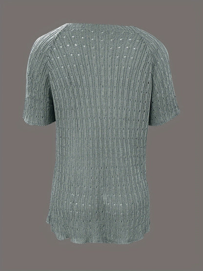 Women's Solid-color Crew-neck Hollow-out Mesh Knit Short-sleeve