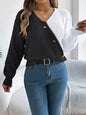 Women Casual V-Neck Button Color Block Lantern Sleeve Pullover Sweater
