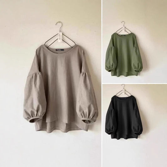 Women's Loose-fit Vintage Crew-neck Shirt With Puff Sleeves
