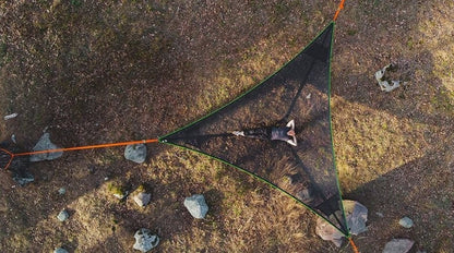 Multi-Person Hammock Three Point Design Portable Hammock Multi-functional Triangle Aerial Mat in use outdoors.