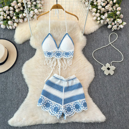 V-neck Fringe Vest High-waisted Hollowed-out Wide-leg Shorts Women's Suit
