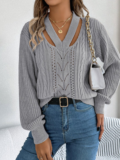 Women Casual Hollow Out V-Neck Cable Knit Lantern Sleeve Pullover Sweater