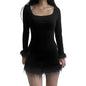 Women's Solid-color Knitted Waist-cinching Long-sleeve Dress