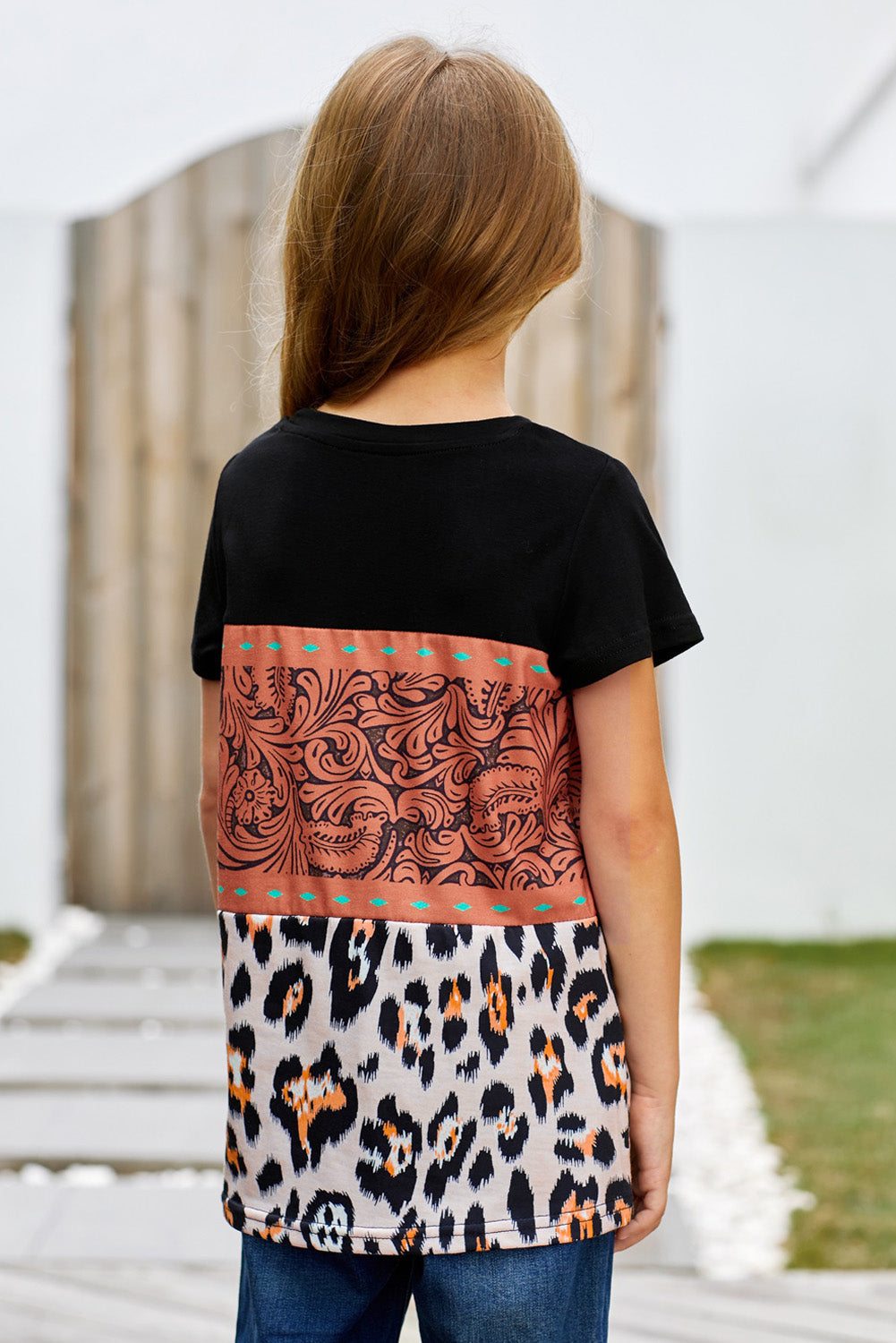 Brown Print Leopard Colorblock Girls' T-shirt
