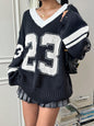 Contrast Color Digital Jacquard Loose-fitting V-neck Long Sleeves Sweater