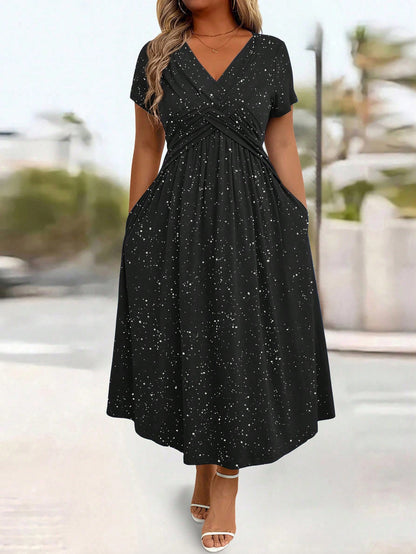 Waist Cinching Elegant Dress With A Vneck Shimmering Powder Finish Twisted Ribbon Detailing And Pocket Design