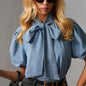 Retro Loose-fit Collar Denim Shirt With Bow-tie Tie-up