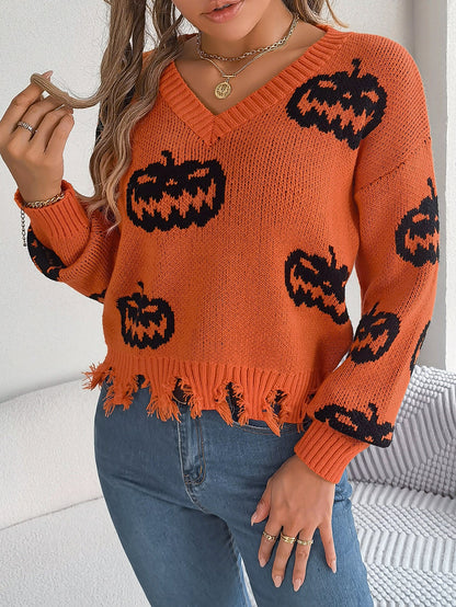 Women Color Block Pumpkin Distressed Long Sleeve Pullover Sweater