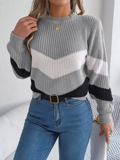 Women Casual Color Block Lantern Sleeve Pullover Sweater