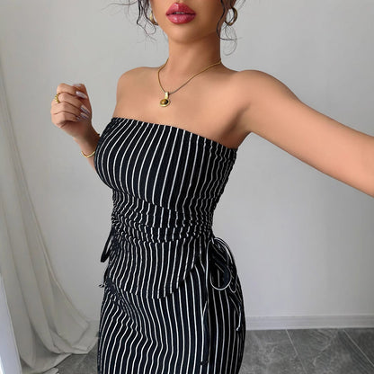 Women's Casual Striped Strapless Tube Top And Sheath Skirt Set