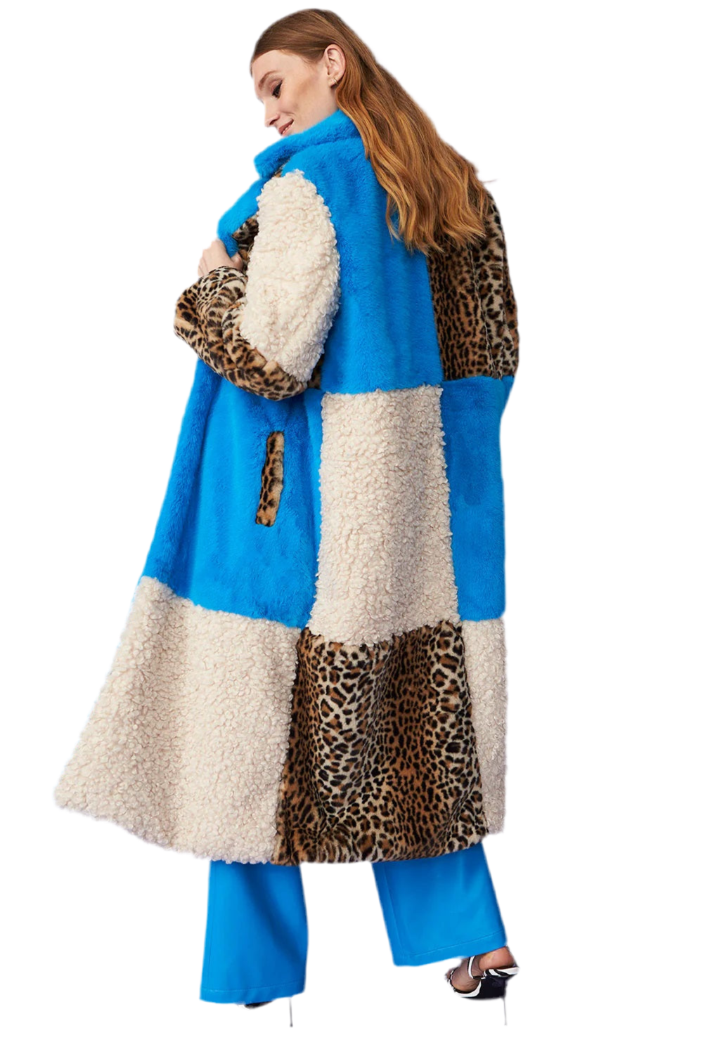 Blue Faux Fur and Faux Shearling Maxi Coat