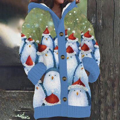 Women's Faux Wool Sweater Loosefit Jacquard Hooded Jacket