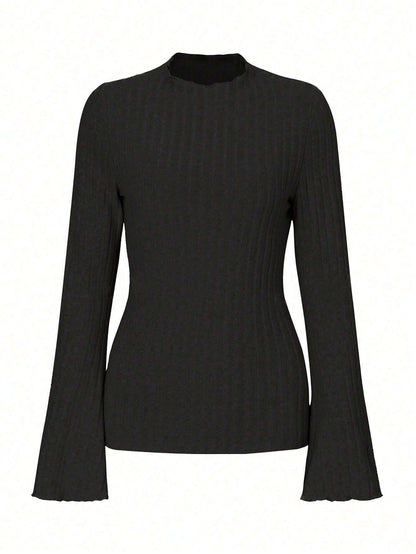 Long Sleeve Round Neck Brushed Sunken Stripe Solid Color Slim Fit Top