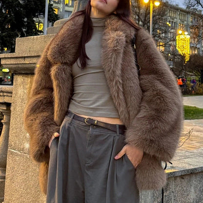 Women's Autumn Winter Warm Notched Collar Mid-Length Fur Coat