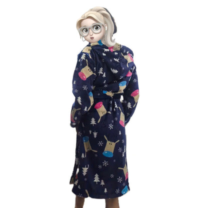 Flannel Hooded Loungewear Robe, Printed Cartoon Bathrobe