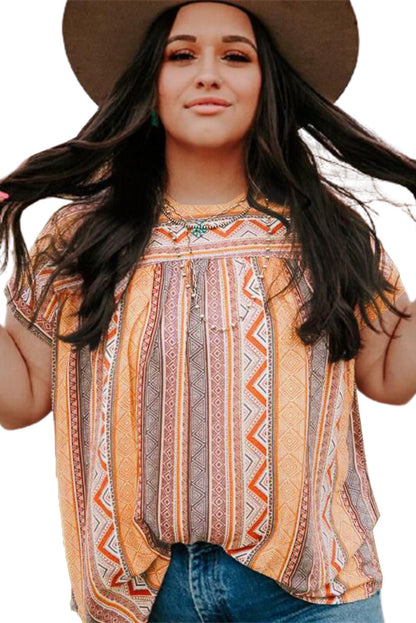 Multicolor Tribal Geometric Print Plus Size Short Sleeve Top