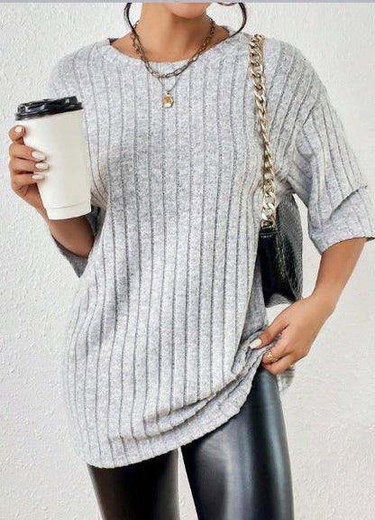 Women's Solid-Color Ribbed Brushed Knit Loose Short-Sleeve Top