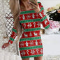 New Christmas Printed Round Neck Long Sleeve Narrow Dress