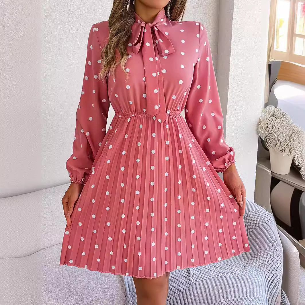 Women’s Polka Dot Pleated Dress – Self-Tie Waist & Long Sleeves