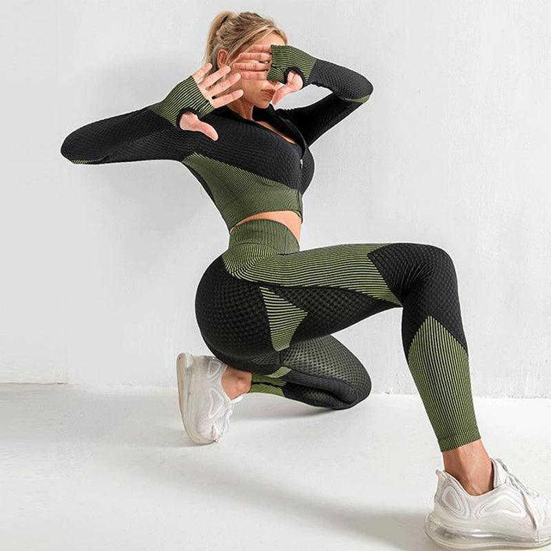 3 Piece Yoga Outfit Gym Leggings Sports Bra Tracksuit