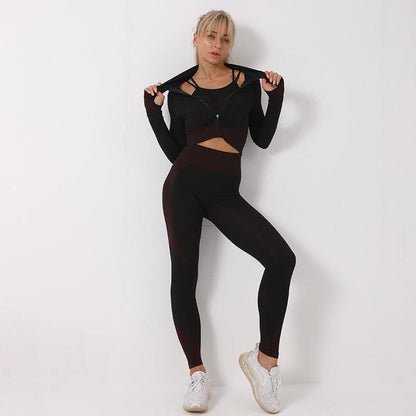 3 Piece Yoga Outfit Gym Leggings Sports Bra Tracksuit