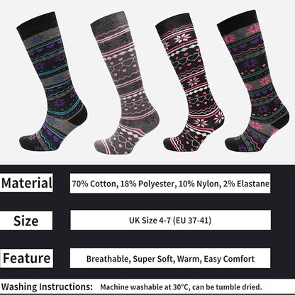 4 Pairs Ladies Ski Boot Socks Knee Length Cotton Rich with Full Cushioning and Thermal Insulation for Warmth and Comfort Fair Isle Pattern Fits Sizes 4-7 by Sock Stack