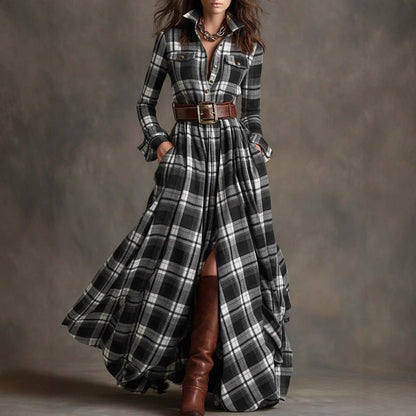 French Retro Grid Dress - Elegant Slim Fit Irregular Hem Dress for Women | Plus Size Available