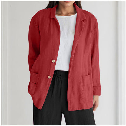 Loose-fit Solid-color Long-sleeve Cotton-linen Coat With Buttons For Women