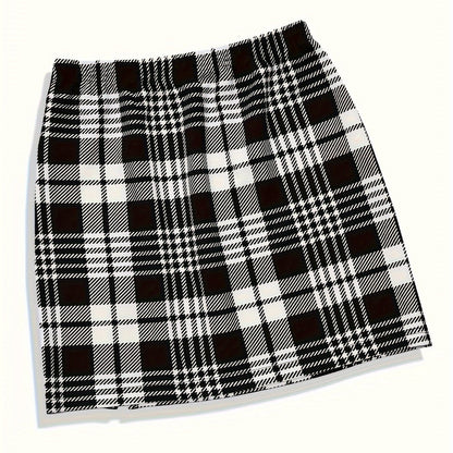 Plaid Print Split Skirt, Elegant Elastic Waist Slim Skirt For Summer, Women's Clothing