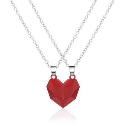 Attractive Wishing Stone Couple Pendant Necklace Ancient Love Token Heart-shaped Electrocardiogram Magnetic Heart Pendant Splicing Necklace Valentine's Day Gift