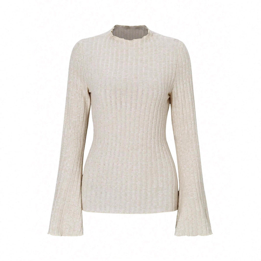 Long Sleeve Round Neck Brushed Sunken Stripe Solid Color Slim Fit Top
