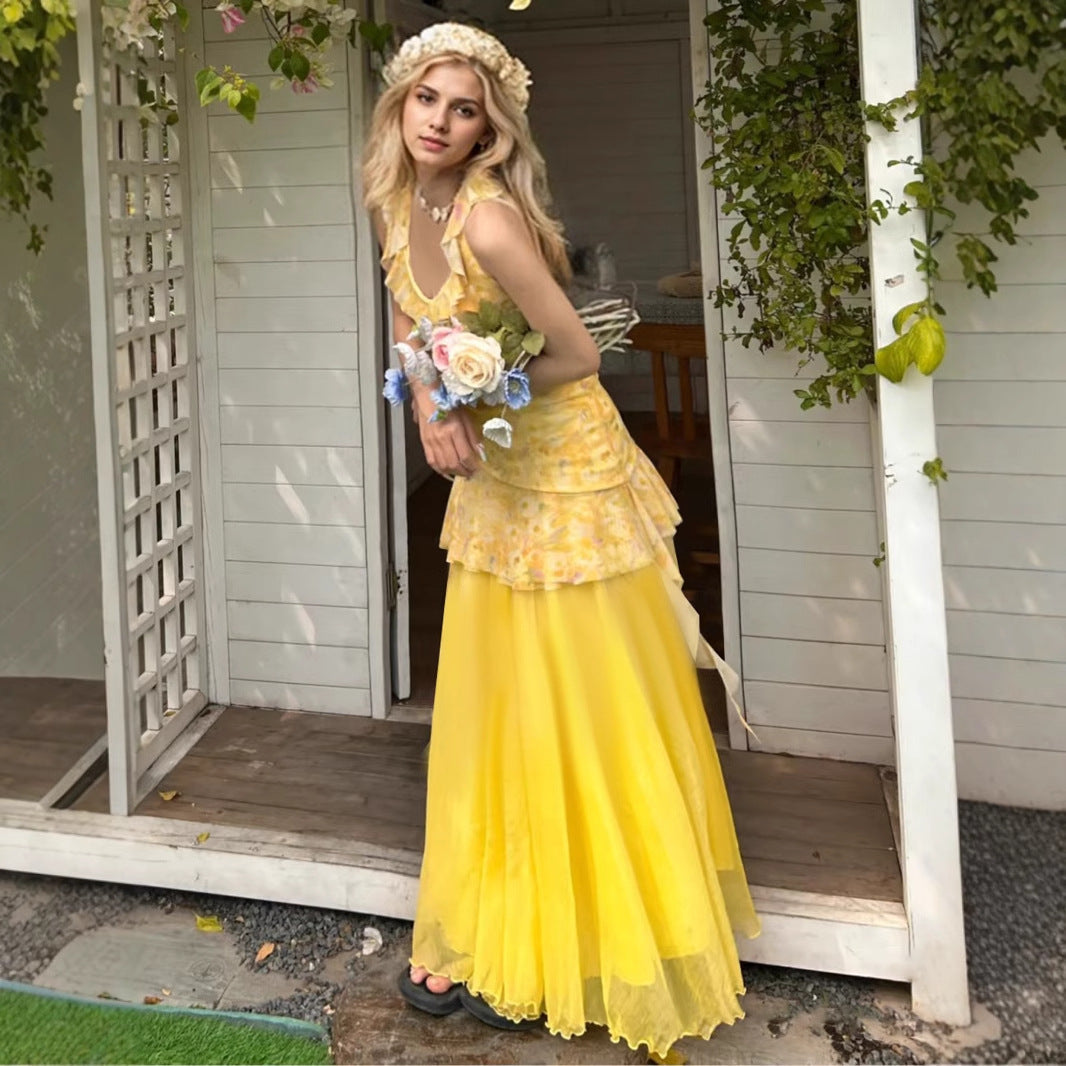 Yellow Floral-print V-neck Slip Dress With High Waist And Mesh Paneling