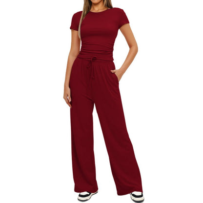 2pcs Solid Color Casual Sports Yoga Suit Short-sleeved Top And High-waisted Drawstring Wide-leg Pants Summer Fashion Set For Womens Clothing