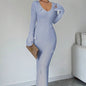 V-neck Waist Trimming Knitted Dress Women's Slimming Sheath