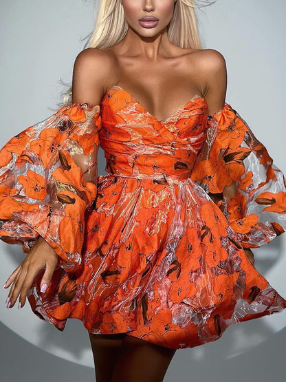 Elegant Floral Lantern Sleeve Off-The-Shoulder Mini Dress