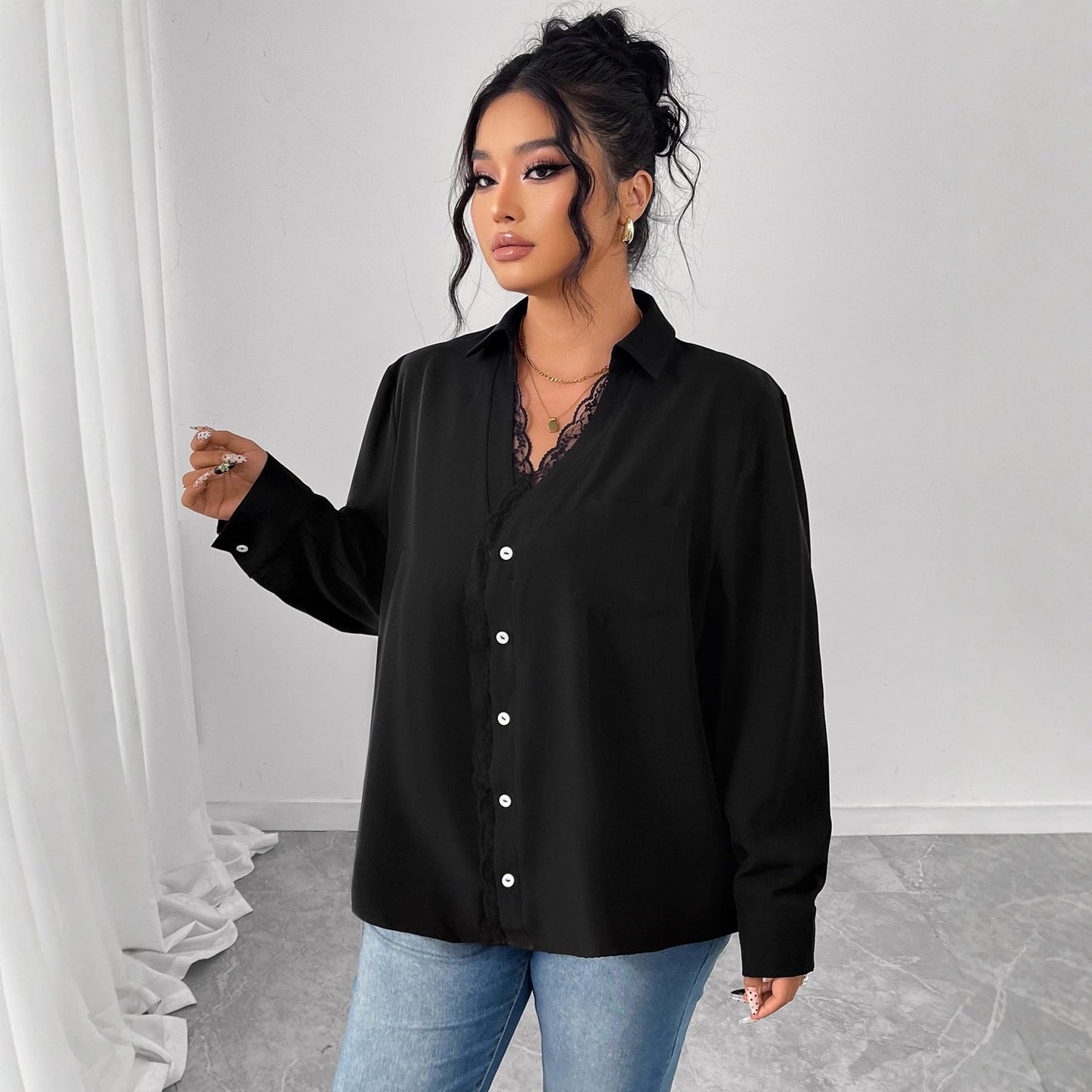 French Style Black Lace Shirt With Black Buttons