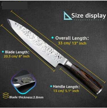 Kitchen Knife Professional Japanese Chef Knives size display with dimensions, stainless steel blade, detailed features.