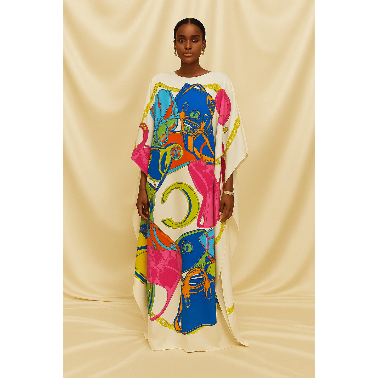 CAIRO Luxe Handbag Print Silk Caftan – Ivory Multicolor