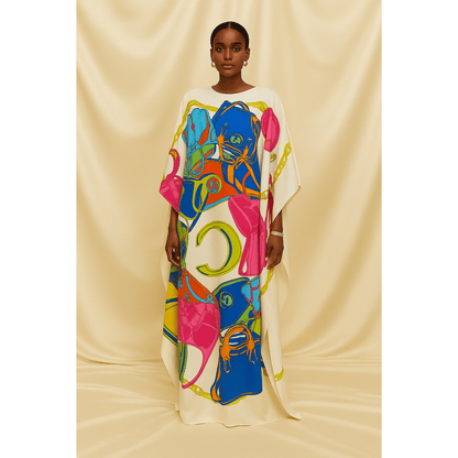 CAIRO Luxe Handbag Print Silk Caftan – Ivory Multicolor