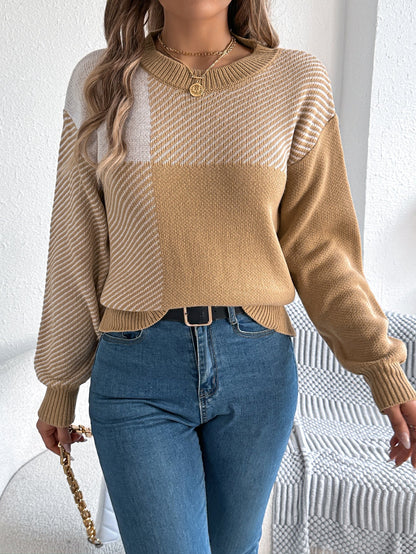 Women Casual Color Block Plaid Long Sleeve Pullover Sweater