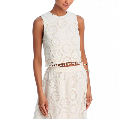 Literary Trends White Sleeveless Short Top Skirt Women's Suit