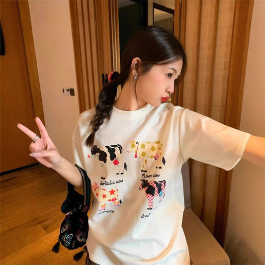 American Retro Cartoon Print Korean Version Loose Versatile Top