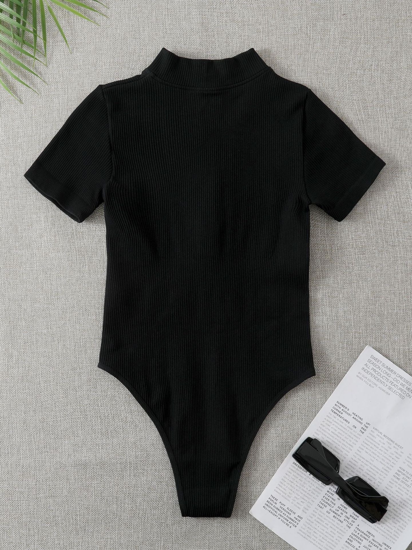 Ribbed Short-sleeve Tight-fitting High-stretch Turtleneck Zip-up Bodysuit
