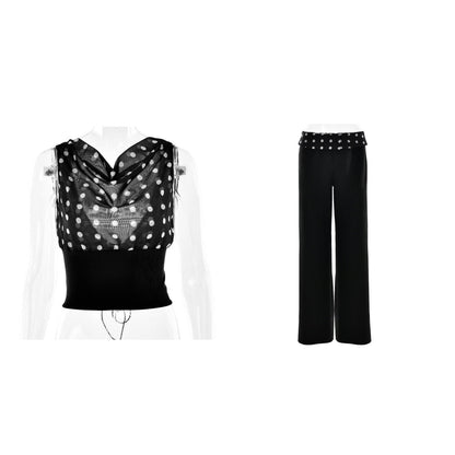 Polka Dots Print Oblique Shoulder Tops Summer Patchwork Chiffon Crop Top Women Sexy Sleeveless Lace Up Backless Blouse Casual Streetwear Tee